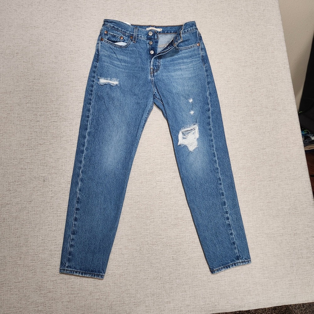Levi's Wedgie Straight Jeans Women 28 Blue Distressed High Rise Button Fly